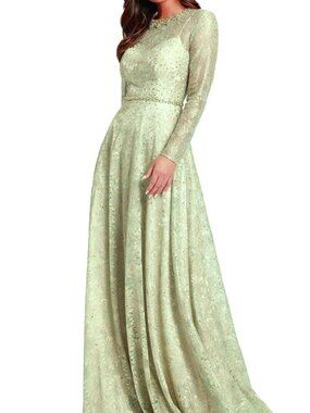 Mac Duggal Sage Green Long Sleeve Embellished Lace A-Line Gown